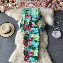 Amolapha-vestido ajustado de manga larga para mujer, cuello cuadrado de oficina con prenda elegante, estampado a media pantorrilla 2024 - compra barato