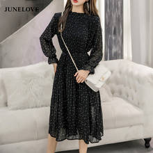 JuneLove-Vestido largo de gasa para mujer, ropa Vintage negra, vestido plisado de lunares de manga larga a la moda coreana, novedad de primavera 2020 2024 - compra barato