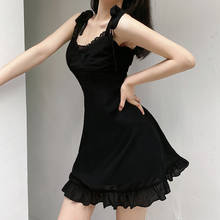 Женское ТРАПЕЦИЕВИДНОЕ ПЛАТЬЕ, привлекательное кружевное мини-платье на бретелях-спагетти с оборками, сказочное черное шифоновое платье с бантом на шнуровке, элегантное корейское платье, платья 2024 - купить недорого