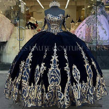 Navy Blue Velvet Princess Quinceanera Dress Ball Gown Sequins Applique Vestido Mexicano Style Sweet 15 Prom Gown with Sleeves 2024 - buy cheap