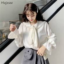 Shirts Women Beading Flare Sleeve Solid White Korean Sweet Style Cute Elegant Vintage Ladies Loose Slim Streetwear Tops Female 2024 - buy cheap