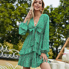 GypsyLady Polka Dot Sexy Mini Dress Green Casual Spring Summer Women Dress Long Lantern Sleeve Boho Holiday Lady Female Dresses 2024 - buy cheap