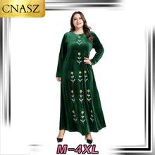 Дубай Арабский большой размер женская исламская Турция Мода золото бархат вышитые с длинными рукавами платье мусульманское 2024 - купить недорого