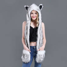 10 Styles Faux Fur Hood Animal Hat Ear Flaps Hand Pockets 3 in1 Animal Hat Wolf Plush Warm Earmuff Animal Cap with Scarf Gloves 2024 - buy cheap