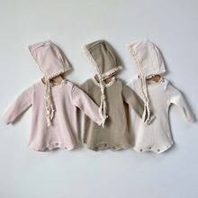 Одежда для маленьких девочек, хлопковое Кружевное боди в Корейском стиле для маленьких девочек, трикотажная одежда с длинным рукавом, цельнокроеный комбинезон для маленьких девочек, шапочка 2024 - купить недорого