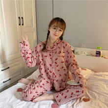 Корейский домашний костюм с милым принтом вишни, Женская свободная одежда с длинным рукавом для отдыха, студенческий хлопковый пижамный комплект, корейский кавайный розовый домашний костюм 2024 - купить недорого