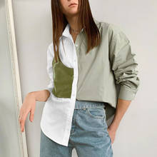 Camisa feminina de algodão, camisa solta com botões e manga comprida, blusa de retalhos com gola 2024 - compre barato
