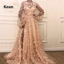 Peach Muslim Evening Dress Flowers Lace Full Sleeve Lantern Slit Islamic Dubai Kaftan Saudi Arabic Evening Gown Prom Dress 2024 - buy cheap