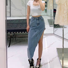 Hip Hop Asymmetrical Skirt High Waist Split Side Design Wrap Long Punk Casual Ligh Blue Denim Solid Color Jean Women's Skater 2024 - buy cheap