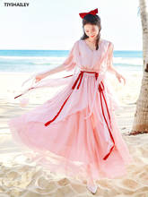 Tiyihailey frete grátis 2021 longo maxi verão feminino chiffon boshow S-L manga curta rosa v pescoço vestidos de cintura alta bandagem 2024 - compre barato