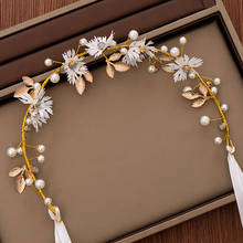 Tiara nupcial de flores y hojas de Color dorado, accesorios para el cabello de boda, diadema nupcial de perlas hecha a mano, tocado, joyería para el cabello 2024 - compra barato