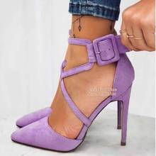 Sexy Pointed Toe Buckle Strap High Heel Pumps Purple Black Beige Fuchsia Suede Cross Strap Shallow Dress Shoes Cut-outs 2024 - buy cheap