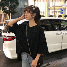 Half Sleeve T-shirts Women Solid Bling Leisure Fashion Street Teens Womens Chic Loose Summer Sparkling Sequins Stylish Ulzzang 2024 - buy cheap