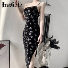 Insgoth vestido longo feminino espaguete, sem mangas, sexy, com as costas abertas, estampa de borboleta, longo 2024 - compre barato