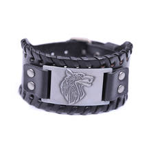 Viking Wolf Head Metal Charm Wide Leather Cuff Bracelet Teen Wolf Norse Adjustable Vintage Bracelets Punk Jewelry 2024 - buy cheap