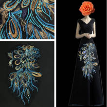 Parche bordado de lentejuelas de pluma de pavo real azul, 1 unidad, telas de malla negra, apliques de flores de encaje africano, tela de costura para vestido DIY 2024 - compra barato