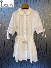 Длинная летняя Модная рубашка 2020, высококачественное женское повседневное Хлопковое платье с коротким рукавом и отложным воротником золотистого цвета с цепочкой XL 2024 - купить недорого