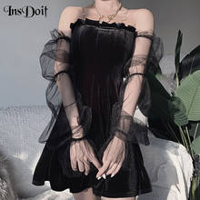 InsDoit Harajuku Vintage Black Off Shoulder Mini Dress Gothic Mesh Patchwork Long Puff Sleeve Dresses Women Sexy Club Dresses 2024 - buy cheap