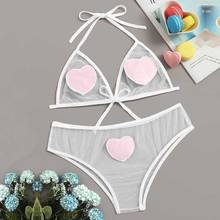 Cute Lingerie Set Women Sexy Pink Love Heart Bow Sheer Lingerie Set Ladies Perspective Underwear Ensemble String Soutien Gorge 2024 - buy cheap