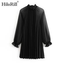 HiloRill Women Black Pleated Dress Butterfly Long Sleeve Mini Dress See Through Ruffled Collar Casual Dress Female Vestido 2024 - buy cheap