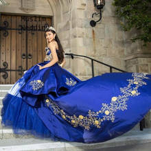 Royal Blue Quinceanera Dresses Mexican Gold Lace Sweet 16 Dress Puffy Taffeta Ball Gown Prom Dresses Corset vestido de 15 anos 2024 - buy cheap