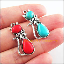 12Pcs Retro Tibetan Silver Tone Animal Cat Blue&Red Stone Charms Pendants 13x29mm 2024 - buy cheap