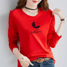2020 New Spring Autumn Women Long Sleeve T-shirt Fashion Cute Feather Print High Quality Cotton T-shirt Casual Women Tops 2024 - buy cheap