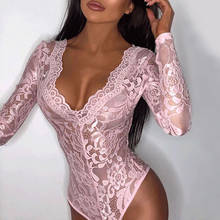 Body de encaje rosa para mujer, monos transparentes para Fitness, Tops de manga larga a la moda, mono Sexy con cuello en V 2020 2024 - compra barato