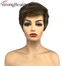 Strongbeauty peruca curta lisa, peruca castanha leve com destaque loiro, perucas sintéticas resistente ao calor 2024 - compre barato
