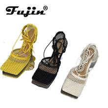 Fujin 2021 New Sexy Yellow Mesh Pumps Sandals Female Square Toe High Heel Lace Up Cross-tied Stiletto Hollow Dress Shoes 2024 - buy cheap