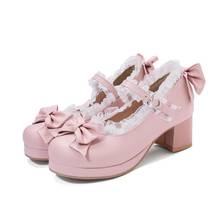 Zapatos de punta redonda con lazo para mujer, US4-13 de tacón alto con hebilla de cinturón Lolita, Mary Janes, de talla grande 2024 - compra barato