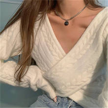 Women Casual Temperament Twist Sweater 2020 Korean Style Casual Solid Cross V-neck Long Sleeve Short Knit Top Winter Clothes 2024 - buy cheap