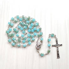 Qtigo-collar de cristal cuadrado azul para mujer, colgante largo de Cruz católica, joyería religiosa 2024 - compra barato
