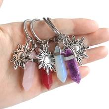 Wholesale 20PCS Natural Stone Hexagonal Column Couple Keychain On Bag Opal Quartz Key Chain With Sun Moon Charm Women Party Gift 2024 - buy cheap