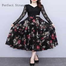 2021  Autumn Winter  New Arrival Hot Sale  Flower Printed Lace Long Sleeve Women Chiffon Long Dress  M-4XL 2024 - buy cheap