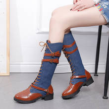 New Women Shoes Mid-calf Boots Spring/Autumn Vintage Shoes Lace-up Boots High Heel Boots Blue Black Denim Boots for Women 2021 2024 - купить недорого