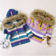 Теплый зимний свитер для новорожденных, детский вязаный кардиган со съемным меховым капюшоном для мальчиков и девочек, осенняя верхняя одежда, детская вязаная одежда 2024 - купить недорого