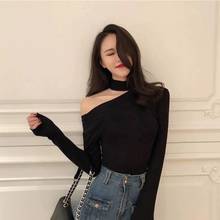top Women T-shirts sexy and club fashion female long sleeve black off shoulder solid color lady Tshirt autumn basic tees vegan 2024 - buy cheap