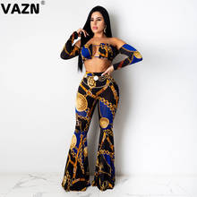 VAZN Autumn Print Slash Neck Casual Bandage Sexy 2020 Set full sleeve 2 Piece Sets Night Club Young Lady Elegant Sets 2024 - buy cheap