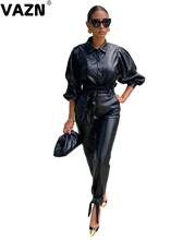 VAZN-Conjunto de cuero negro de alta gama para mujer, peto Sexy de manga larga, Top de grupo, pantalones largos de cintura alta, conjunto de 2 piezas, 2020 2024 - compra barato