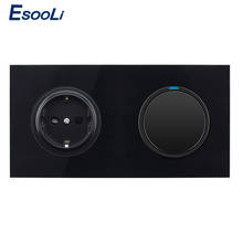 Esooli Black Crystal Glass Panel 16A EU Standard Wall Power Socket 1 Gang 1 Way Pass Through On / Off Light Switch 2024 - buy cheap