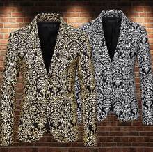 Casacos estampados masculinos blazer bronze masculino, jaqueta slim fit com duas fivelas floral, acabamentos em ouro e prata b463 2024 - compre barato