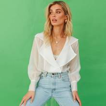 2019 Ladies Women Blouse Solid White Lace Up Top Summer Lantern Long Sleeve See-through Blouse 2024 - buy cheap