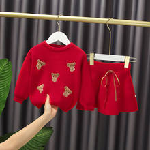 Bebês meninas primavera outono lindo urso suéter de manga comprida + saia a a linha princesa terno infantil bebês meninas 2024 - compre barato