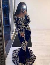 Royal Blue Velvet Mermaid Prom Dresses Lace Appliques Long Sleeve Evening Gowns Moroccan Custom Made Saudi Arabic Fromal Dress 2024 - buy cheap
