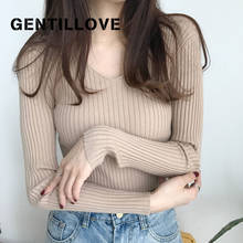 Gentillove suéter feminino de malha com gola v elegante, camisola casual slim sólida de malha macia para inverno 2024 - compre barato