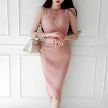 Женское трикотажное платье с поясом, однобортное облегающее платье без рукавов в Корейском стиле, Осень-зима 2020 2024 - купить недорого