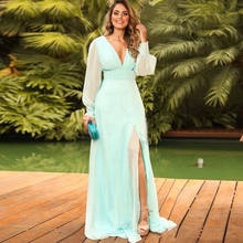 YiMinpwp-Vestidos de Fiesta verde menta para mujer, ropa de fiesta Formal de noche con escote en V, manga larga, gasa con abertura lateral, ilusión 2024 - compra barato