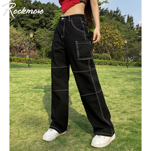 Rockmore High Waist Jeans Woman Bright Line Wide Leg Denim Boyfriend Streetwear Harajuku Pockets Straight Pants Jogger 2024 - buy cheap