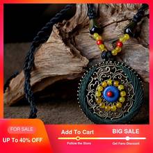 vintage long maxi necklace women blue stone yellow carnelian Pendant Necklace Copper round pendant rope chain Ethnic jewelry 2024 - buy cheap